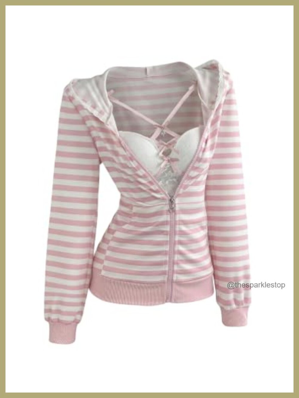 Y2K Zip Up Hoodie Striped Lace Long Sleeve Slim Fit Sweatshirt